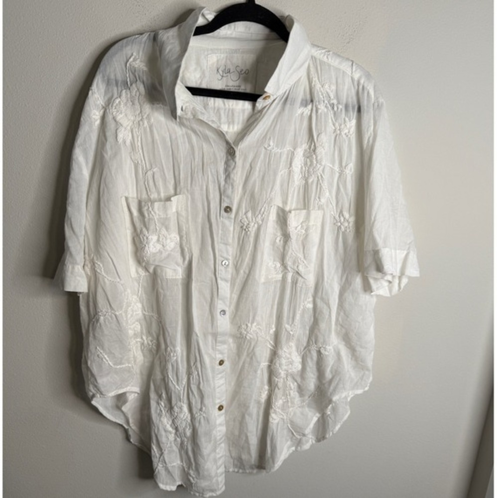 Kyla Seo White Embroidered Short Sleeve Button Up Shirt Handmade XX Large